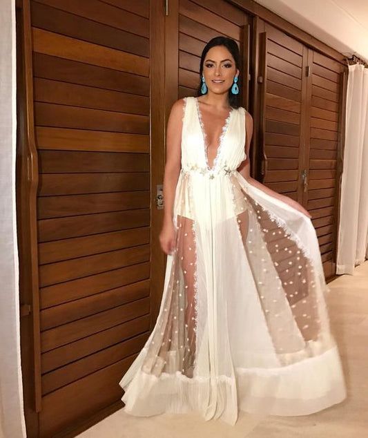 Weiße Ballkleider, Tüll-Ballkleid, A-Linien-Ballkleid, V-Ausschnitt-Ballkleid cg7164