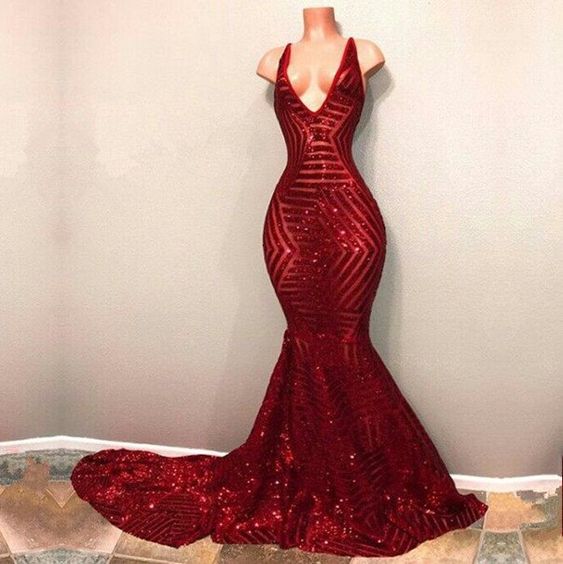 Red Sequins Prom Dresses,Shiny Mermaid Formal Dress, Long V neck Party Dress cg7184