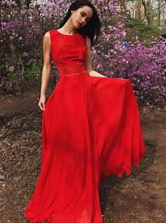 Prom Dresses Classy, Two Piece Round Neck Red Chiffon Prom Dress with Appliques cg7186