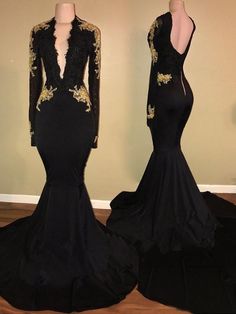 Schlichtes Ballkleid, 2020 Charmantes langärmliges schwarzes Ballkleid mit V-Ausschnitt cg7196
