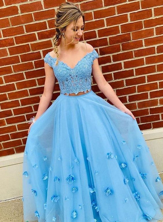 Langes Ballkleid aus blauem Spitzentüll, zweiteiliges Abendkleid cg720