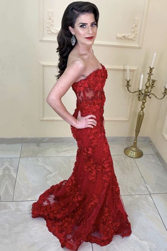 Burgundy Mermaid Lace Flowers Sweetheart See Through Dresses Prom Dress cg7211