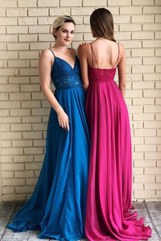 Fairy V Neck Spaghetti Straps Open Back Blue Long Prom Dresses with Lace cg7213