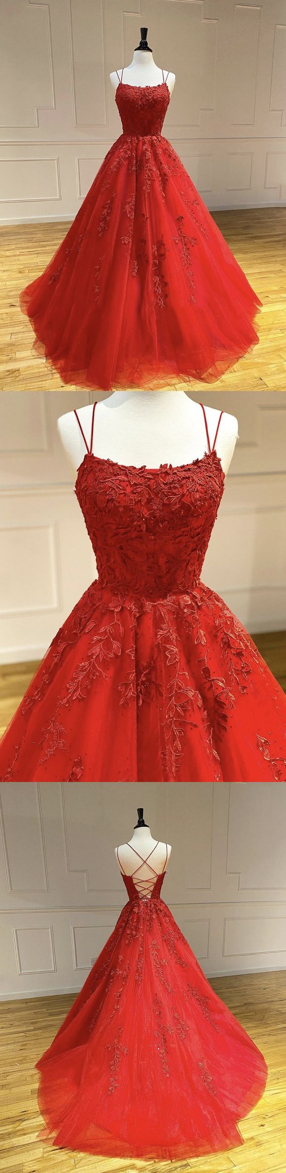 Red tulle lace long prom dress cg7226