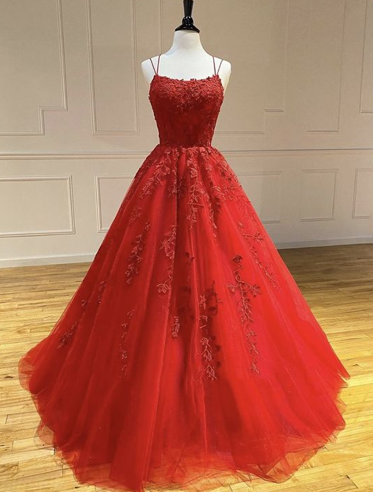 Red tulle lace long prom dress cg7226