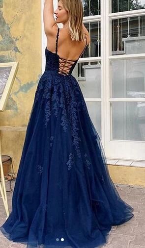 Charming Navy Blue V Neck Lace Tulle Prom Dress,Spaghetti Straps A Line Evening Dress,Formal Dress cg7237