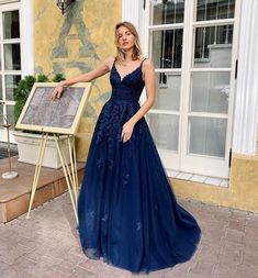 Charming Navy Blue V Neck Lace Tulle Prom Dress,Spaghetti Straps A Line Evening Dress,Formal Dress cg7237
