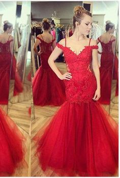 2020 Gorgeous Red Appliques Floor-Length/Long Mermaid/Trumpet Tulle Prom Dresses cg7257