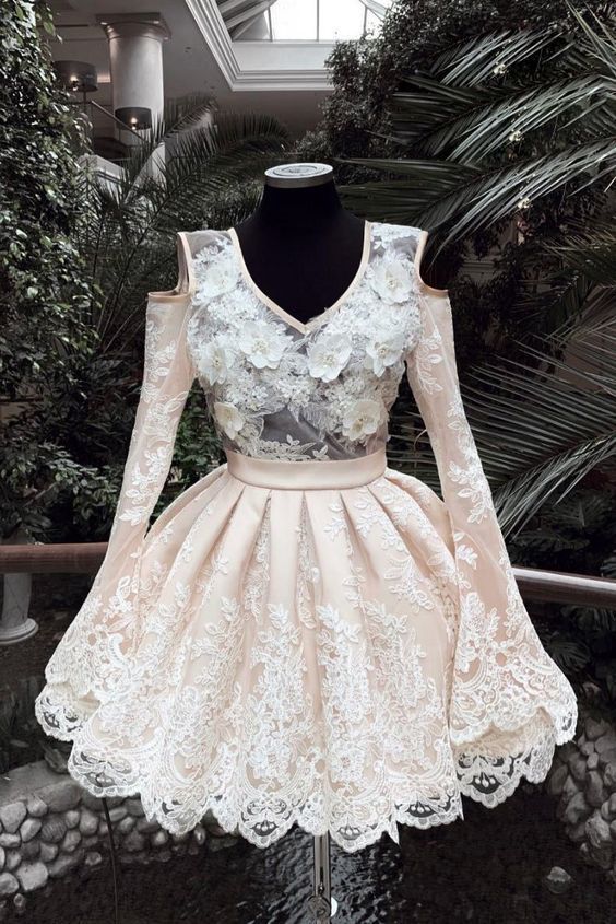 V Neck Lace Short Party Dress, Long Sleeves Homecoming Dress cg7262