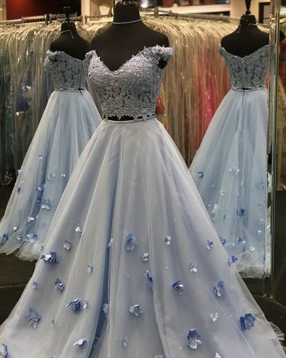 Lace and Tulle Two Piece Prom Dresses,Light Sky Blue cg7296