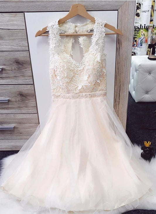 Kurzes Kleid aus weißem Spitzentüll, Homecoming-Kleid cg730