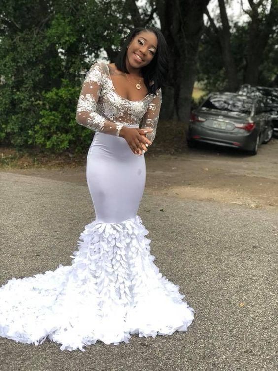 Prom Dresses Split, White Mermaid Long Sleeves Leaves Decoration Prom Dresses With Appliques cg7331