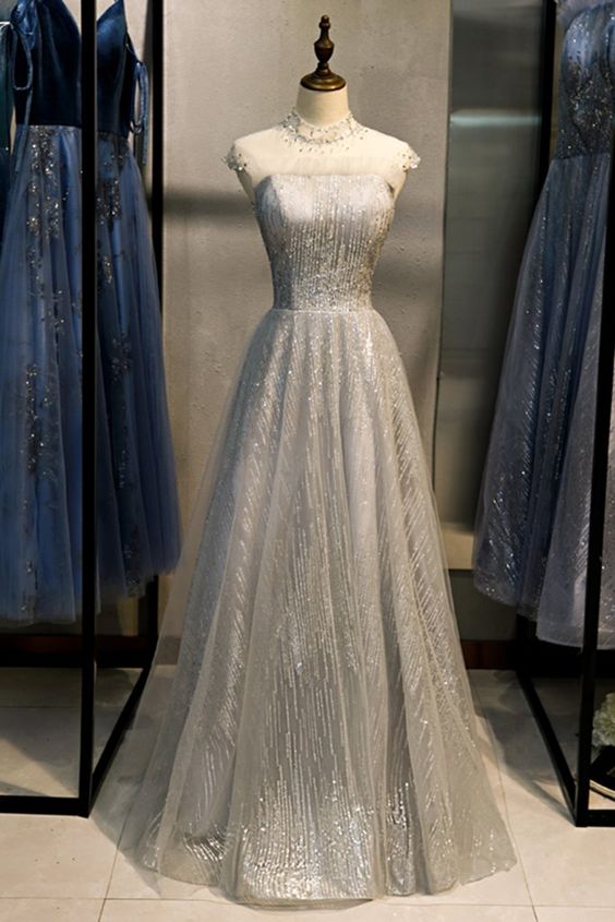 Gray Sequins Tulle O Neck Cap Sleeve Long Formal Prom Dress, Evening Dress cg7537