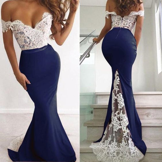 Einzigartiges elegantes Meerjungfrau-Abschlussballkleid mit Spitzenoberteil, lang, schulterfrei, sexy Partykleider cg7342