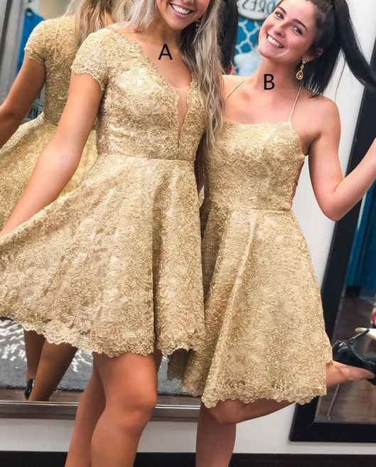 Short Gold Lace Dancing homecoming Dress cg7370