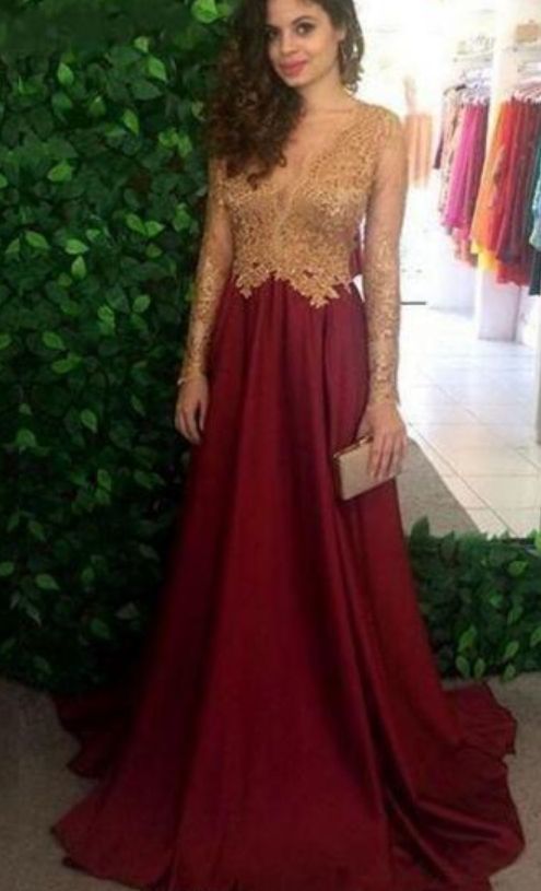 Burgundy Sheer Long Sleeves Prom Dresses Long Sleeves Lace Appliques Top Long Evening Gowns cg7393