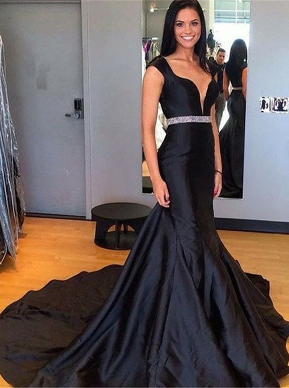 Modest Mermaid Black Prom Dress with Sequins, Romantic V-Neck Sleeveless Long Prom Dresses cg7397