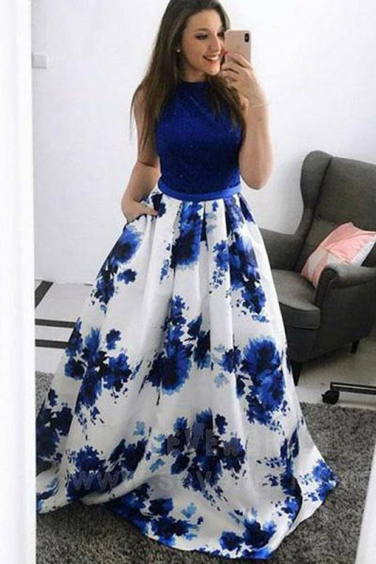 A-Linie Juwel Blau Blumen Langes Ballkleid mit Taschen Spitze cg740