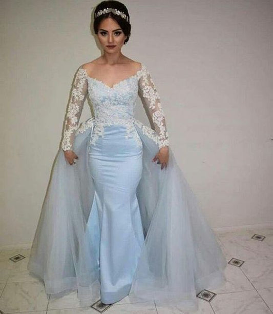 Einfache Ballkleider, Neue Ankunft Ballkleid, Schlichtes Ballkleid, weiße Spitzenapplikationen V-Ausschnitt lange Ärmel Meerjungfrau Ballkleider cg7415