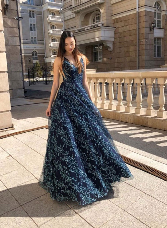 Dunkelblaues langes Ballkleid aus Tüll mit V-Ausschnitt, Abendkleid cg742
