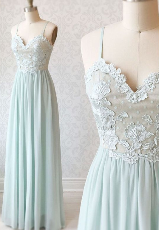 Helles Mint Chiffon Schlichtes Spaghettiträger Ballkleid, Brautjungfernkleid mit Applikation cg7432