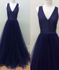 Simple V neckline navy blue tulle long sweet 16 prom dress cg7433