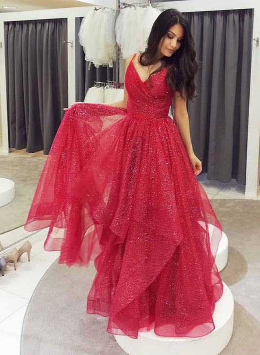 Rotes langes Ballkleid aus Tüll mit V-Ausschnitt, rotes Abendkleid cg744