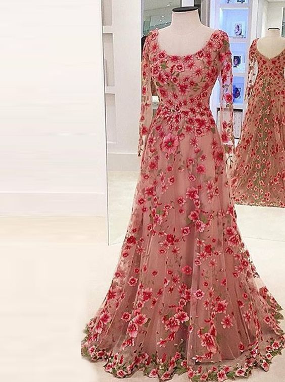 A-Line Scoop Long Sleeves Champagne Floral Lace Formal Prom Dress cg7446