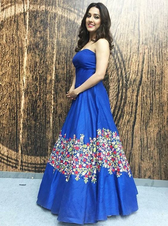 A-Line Strapless Floor Length Blue Floral Satin Prom Dress cg7453