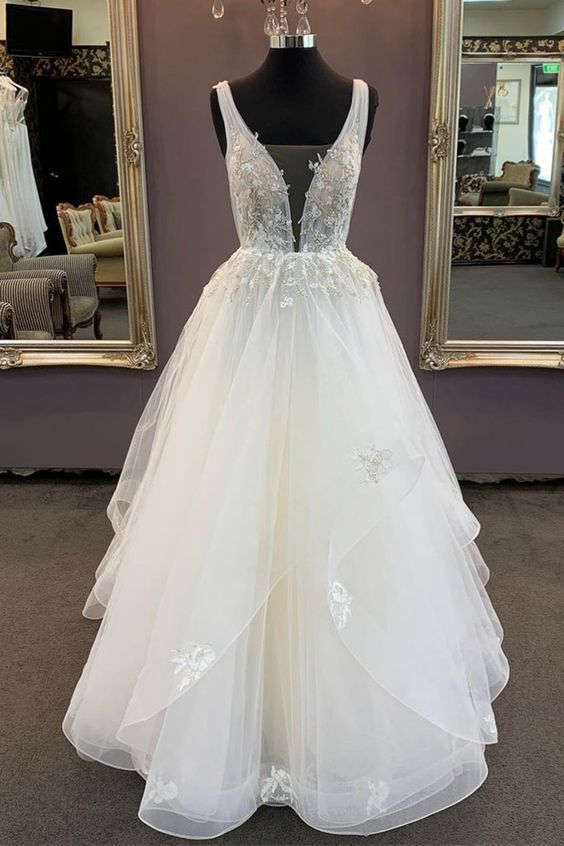 White Tulle V Neck Long Lace Formal Prom Dress cg7455