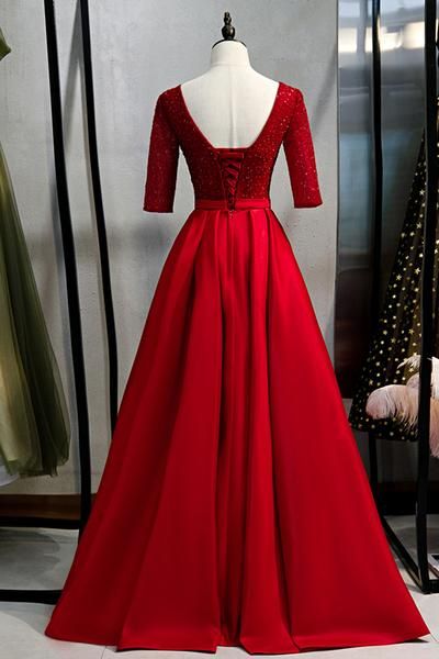 Burgundy Satin Sequins Long V Neck Customize Prom Dress, Formal Dress cg7458