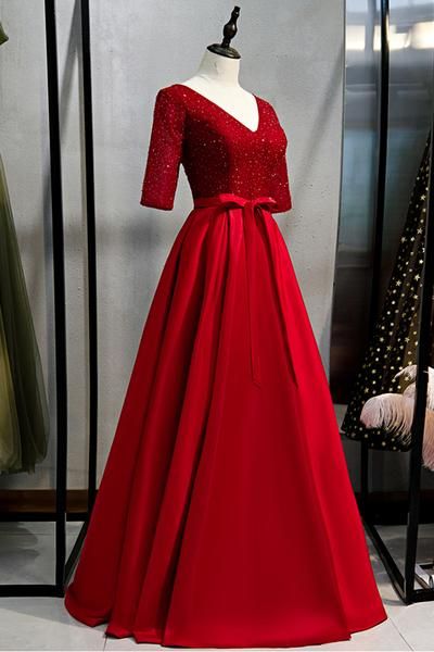 Burgundy Satin Sequins Long V Neck Customize Prom Dress, Formal Dress cg7458