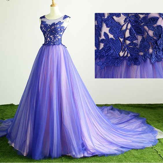 Blue Tulle Round Neck Lace Top Long Evening Dress, Unique Prom Dresses cg7464