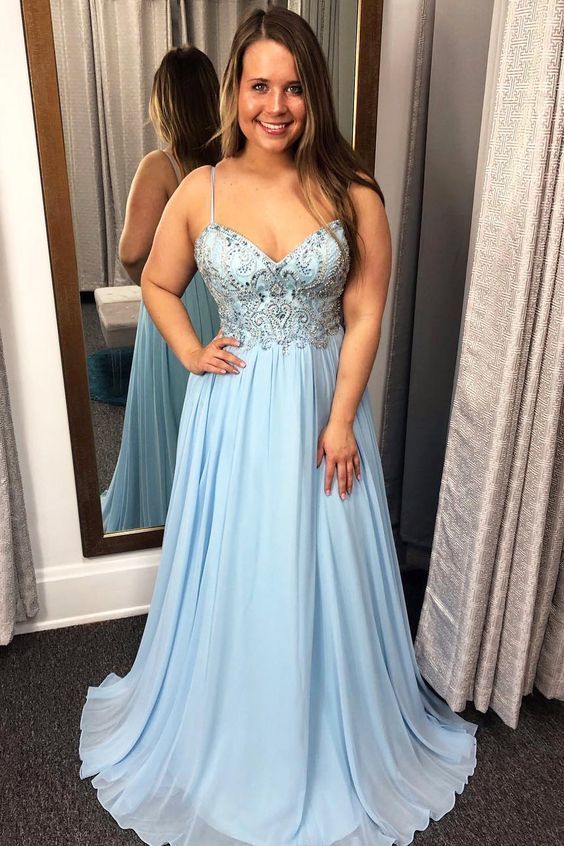 Spaghetti Straps Beaded Sky Blue Long Prom Dress cg7467