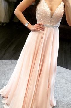 Straps pink long prom dress, sparkly v neck chiffon long prom dress party dress cg7471