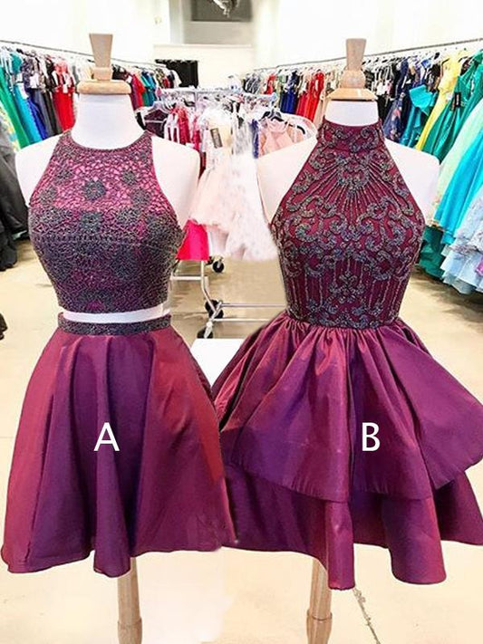 Burgunderrotes, elastisches Satin, Perlenbesetztes, ärmelloses Homecoming-Kleid cg748