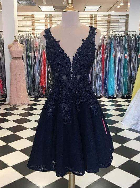 Dunkelmarineblaues, ärmelloses Illusion-Heimkehrkleid mit Spitze und Perlen cg749