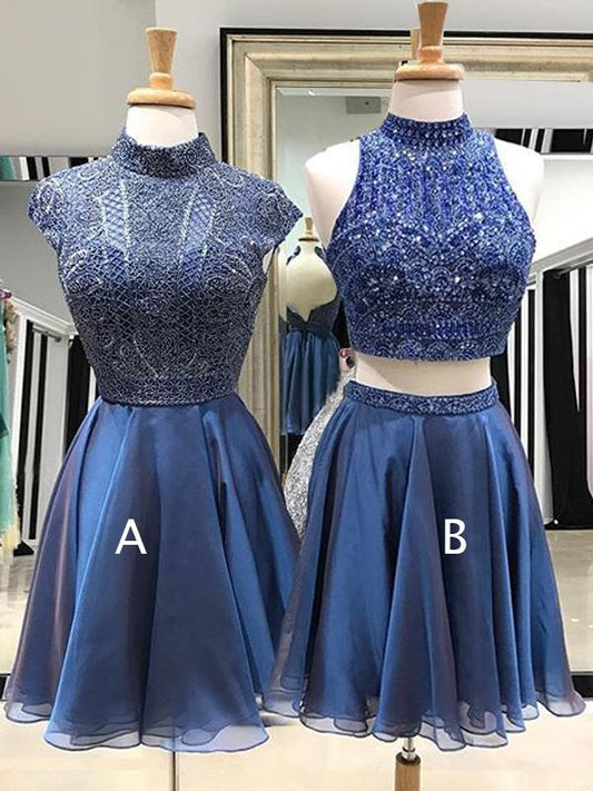 Königsblaues Chiffon-Heimkehrkleid mit Perlenbesatz, ungleiche Passform, cg750