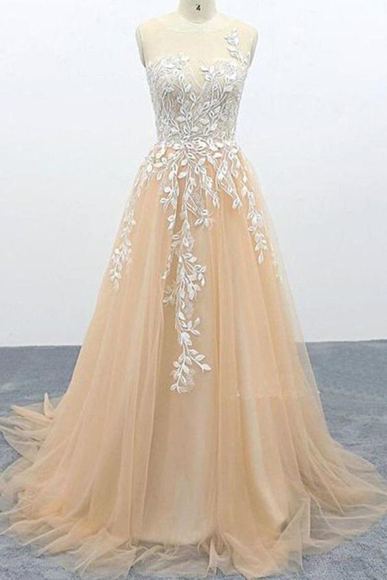 A Line Tulle Lace Appliques Sweep Train Evening Dress Senior Prom dress cg7507