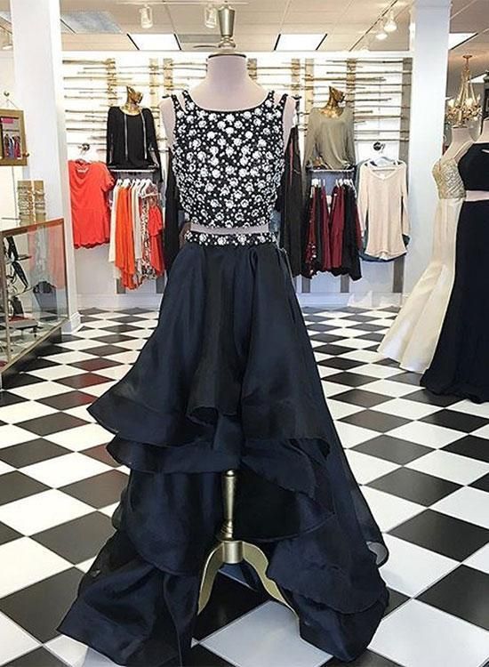 Black high low long prom dress, black two pieces evening dress cg7509