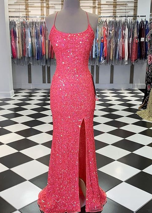 Spaghetti Straps Coral Pink Sequin Mermaid Prom Dress with Slit cg7528