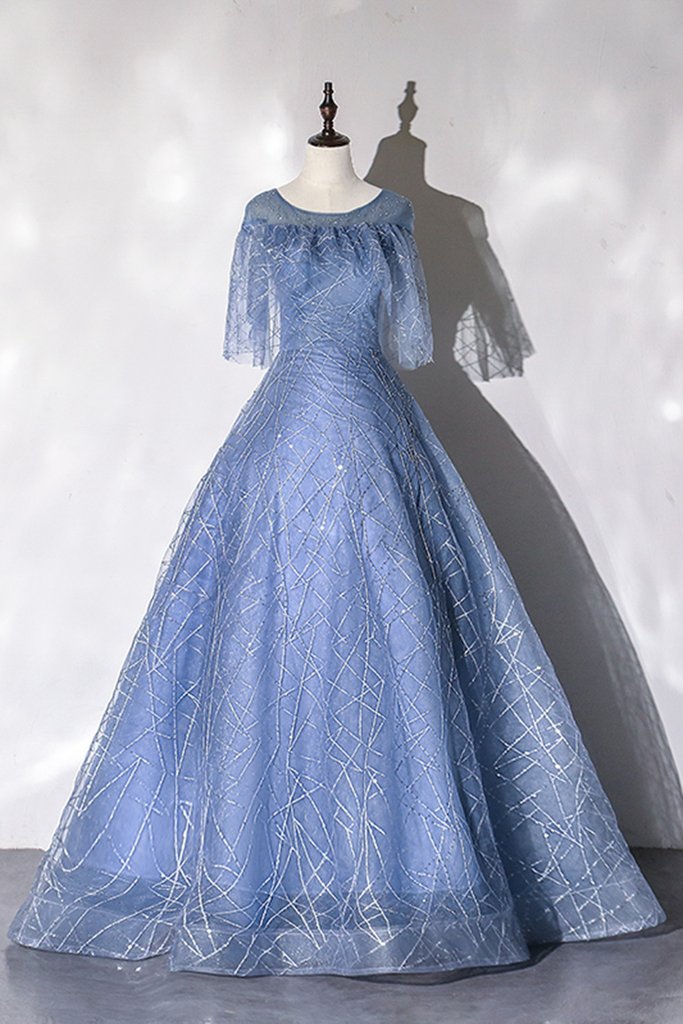 Blue Sequins Tulle Dress, Blue Round Neck A Line Customize Long Prom Dress cg7534