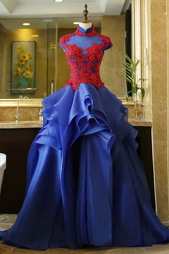 Royal blue organza applique stand collar cap sleeves A-line long prom dresses cg7535