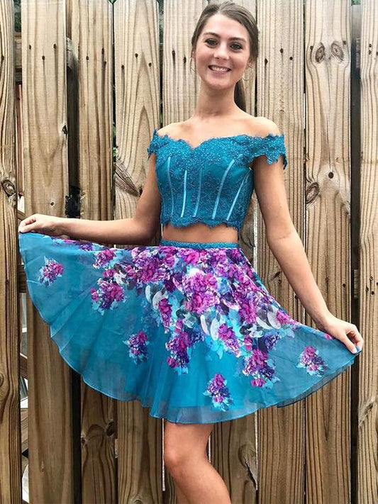 Türkises Off Shoulder Perlenbesetztes Spitzen-Blumen-Heimkehrkleid cg754