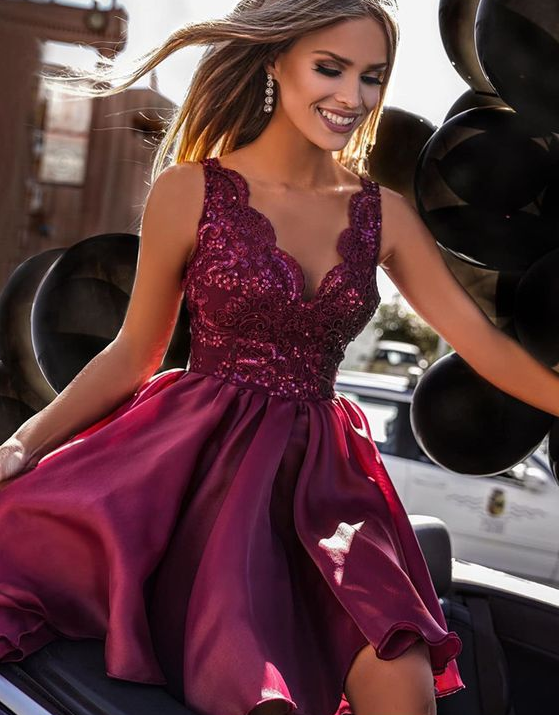Short Maroon Lace Formal homecoming Graduation Dresses cg7543