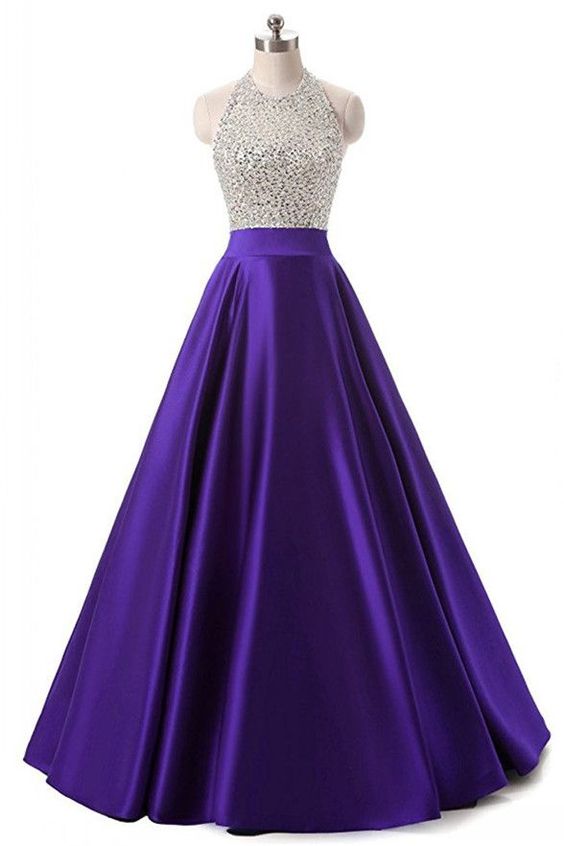 High Quality Purple Satin Beaded Long Prom Dresses Evening Gowns cg7553
