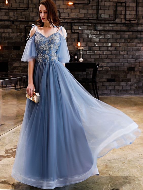 A-Line Spaghetti Strap Floor Length Tulle Elegant Formal Evening / Wedding Party promDress cg7570