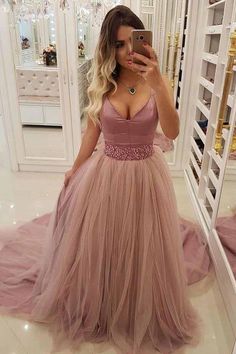 A Line V-neck Beaded Waist Prom Dresses with Overlay Tulle Skirt   cg7586