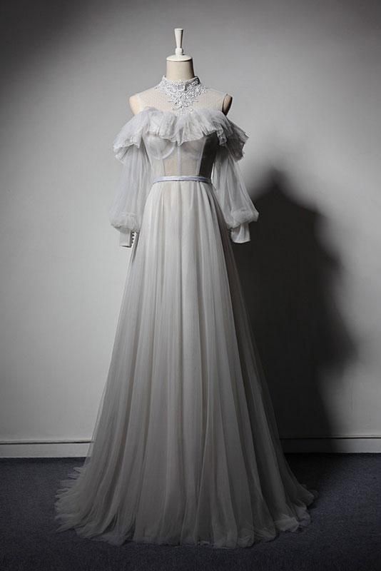 Gray Tulle Lace High Neck Long Senior Prom Dress, Gray Formal Dress With Sleeve cg7601