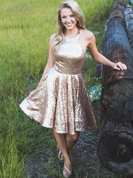 Glänzendes, goldenes Neckholder-Abendkleid mit Pailletten, schlicht, cg761